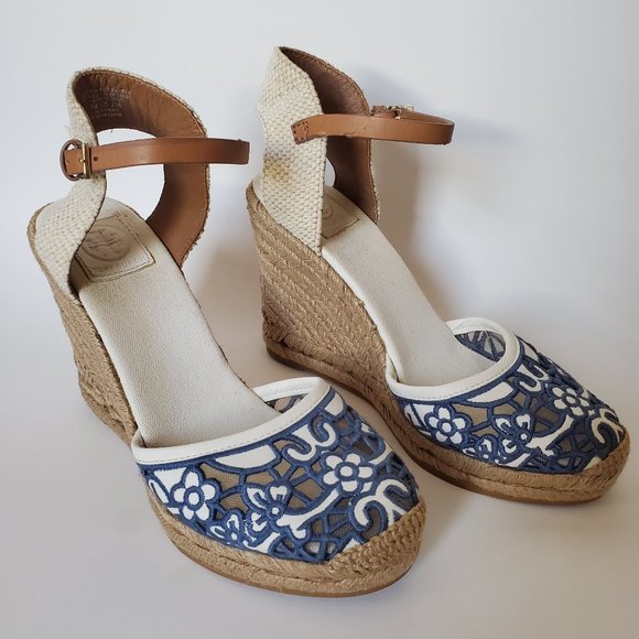 Tory Burch Shoes - Tory Burch Blue and White Lucia Lace Espadrille Sandals Wedges Size 9